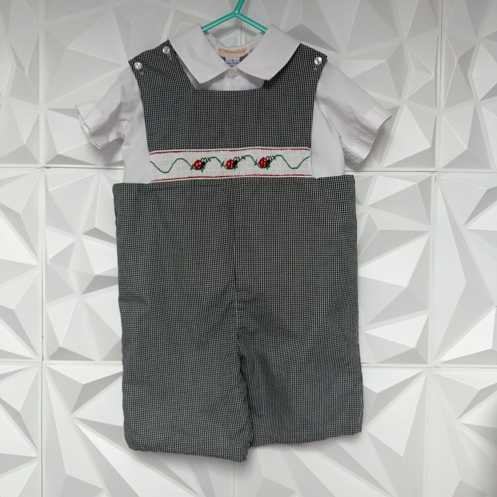 Anavini Smocked Ladybug Gingham Jon Jon 2pc Set Black White Size 4